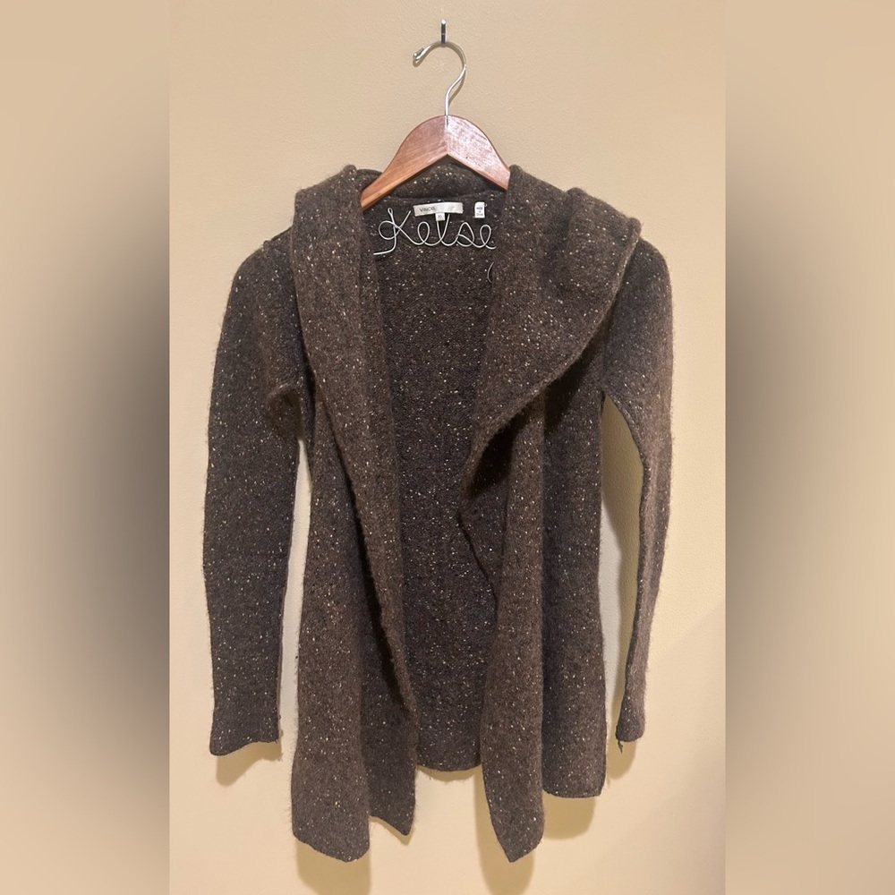 Vince Brown Speckled Hooded Open-Front Cardigan Size XS